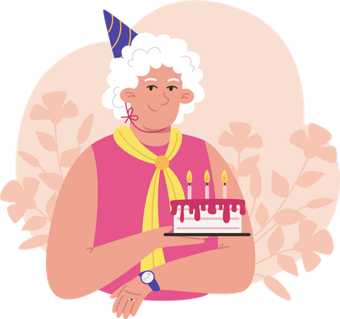 Elderly woman holding cake with birthday candles  일러스트레이션