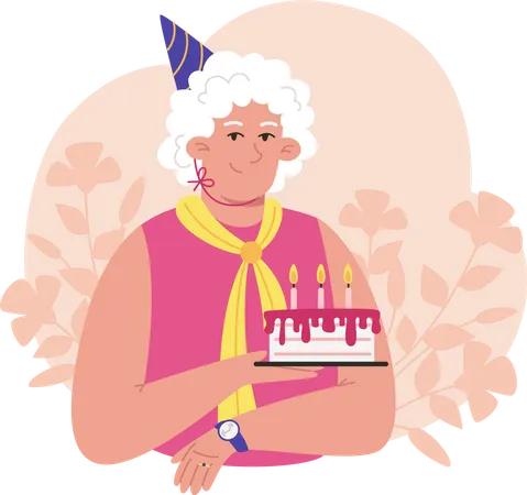 Elderly woman holding cake with birthday candles  일러스트레이션