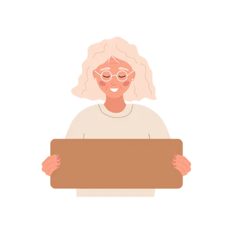 Elderly woman holding cardboard blank sign  Illustration