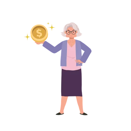 Financial Concept Happy Elderly Woman Holding Coin Wealthy Aged Woman Showing Currency In Hand Illustration