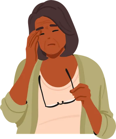Elderly Woman Holding Glasses And Rubs Her Tired Eyes Portraying Fatigue And The Need For Vision Support Senior Female Character Portrays Discomfort And Vision Problems Cartoon Vector Illustration Illustration