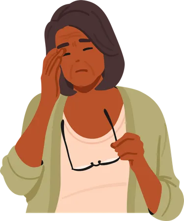 Elderly Woman Holding Glasses and Rubs Her Tired Eyes  Illustration