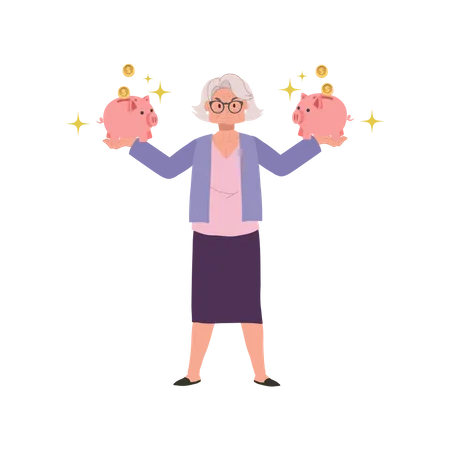 Retirement Savings Concept Happy Elderly Woman Holding Piggy Bank Smiling Senior Lady With Piggy Bank In Both Hands Illustration