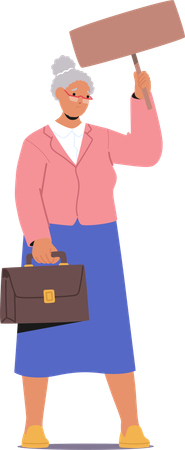 Elderly Woman Holding Protest Sign And Briefcase Advocating Against Workplace Discrimination And Ageism  Illustration