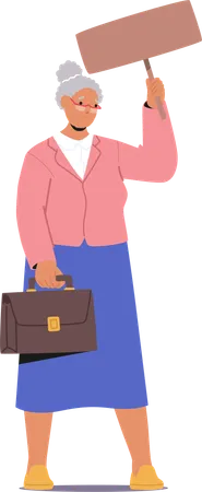 Elderly Woman Holding Protest Sign And Briefcase Advocating Against Workplace Discrimination And Ageism  Illustration