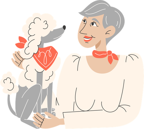 Elderly Woman Hugging Her Poodle Dog in a Scarf for National Dog Day Greeting Card  Illustration