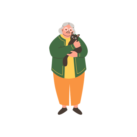 Elderly woman hugs black cat  Illustration