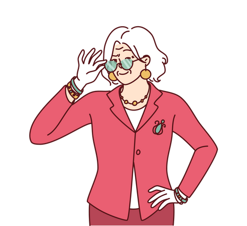 Elderly woman in elegant suit for going dinner party adjusts glasses in front of eyes  Illustration