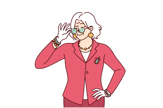 Elderly Woman In Elegant Suit For Going To Work Or Dinner Party Adjusts Glasses In Front Of Eyes Gray Haired Grandmother Of Retirement Age Dressed In Fashionable Elegant Clothes Looks At Camera Illustration