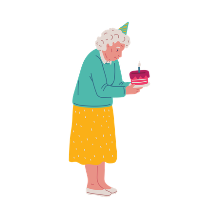 Elderly woman in festive hat holding cake with one candle  Illustration