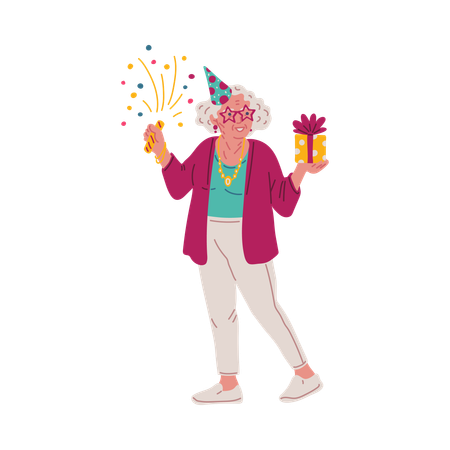 Elderly woman in festive hat with star glasses holding gift  Illustration