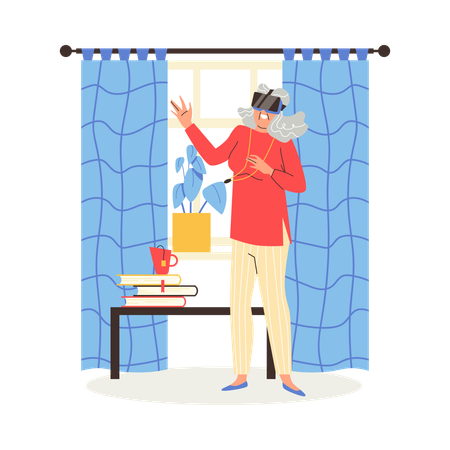 Elderly woman in virtual glasses having fun  Illustration