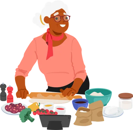Elderly Woman With Wrinkled Face And A Warm Smile Expertly Crafts A Homemade Pizza In Her Cozy Kitchen Surrounded By The Delightful Aroma Of Baking Dough And Savory Toppings Vector Illustration Illustration