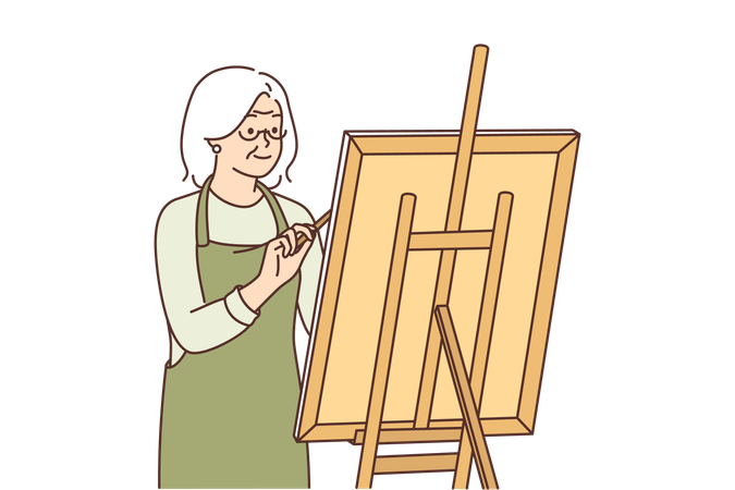 Elderly woman is doing sketching  Illustration