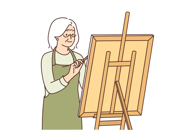 Elderly Woman Artist Stands Near Easel And Draws Picture Enjoying Creative Hobby After Retiring Gray Haired Grandmother Is Fond Of Drawing And Dreams Of Becoming Famous Artist Or Selling Own Artworks Illustration