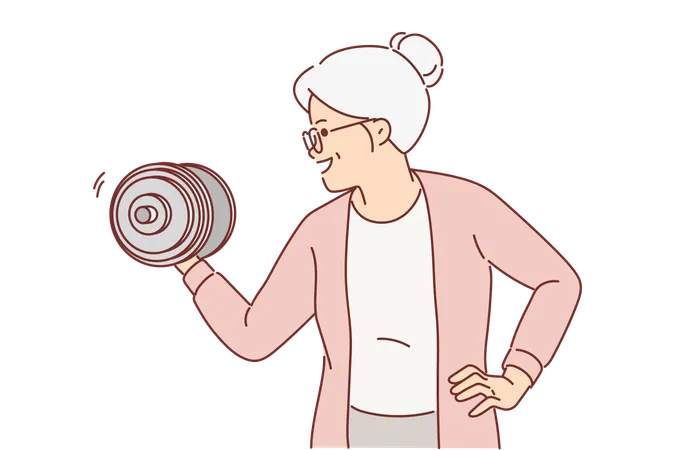 Strong Grandmother Lifts Dumbbell Wishing To Remain Powerful And Energetic After Retirement Elderly Grandmother Is Happy To Go In For Sports Or Fitness Lifting Weights To Strengthen Arms Illustration