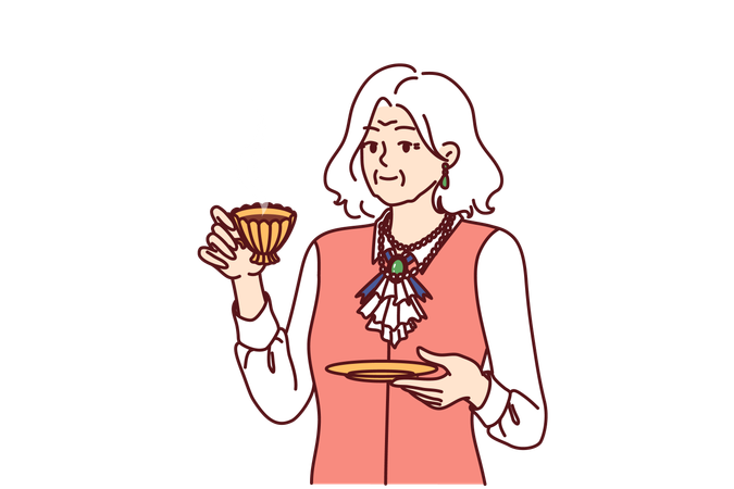 Elderly woman is enjoying her hot tea in golden cup  Illustration