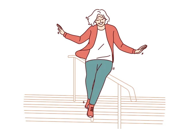 Elderly Woman Slides Down Stair Railing Having Fun And Being Active After Retirement Cheerful Elderly Woman In Casual Clothes Feels Full Of Energy And Laughs Regardless Of Mature Age Illustration