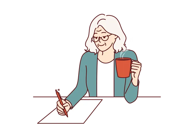 Elderly Woman Is Writer Drinking Coffee And Sitting At Table Inventing New Book Of Bestseller And Writing Down Text On Paper Grandmother With Pen Smiles And Writes Will Or Makes Legal Deal Illustration