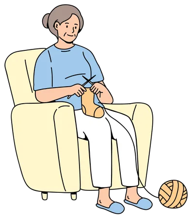 Elderly Woman Knitting  Illustration