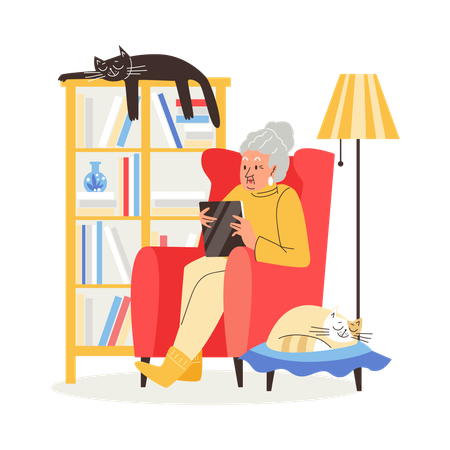 Elderly woman learning to use computer gadget  Illustration
