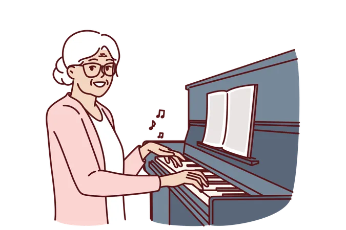 Elderly Woman Plays Piano And Smiles Rejoicing At Presence Of Creative Hobby Happy Grandmother Sitting Near Pianoforte Or Piano And Doing Tutoring And Learning To Play Musical Instruments Illustration