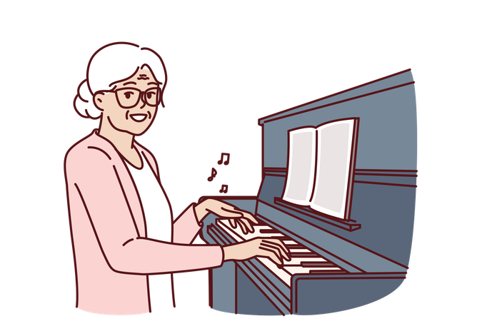 Elderly woman learns piano  Illustration