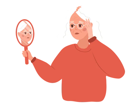 Baldness Concept Sad Elderly Woman Loses Her Hair Alopecia Disease And Problems Of The Scalp Unhappy Female Character Looking In Mirror Vector Illustration In Flat Cartoon Style Illustration