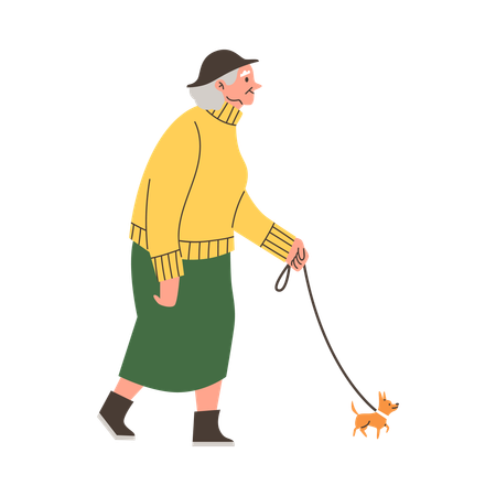 Elderly woman on walk with small dog  Illustration