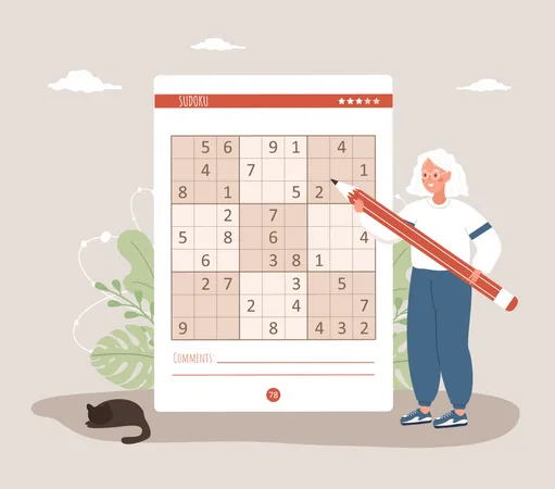 Elderly woman playing Sudoku game Illustration