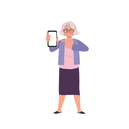 Elderly Woman Pointing Finger at Smartphone  Illustration