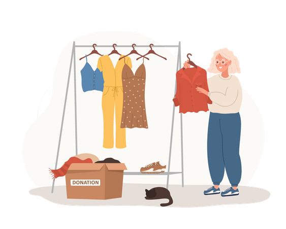 Elderly woman putting old clothes ready to be shared or recycled from wardrobe to cardboard box  Illustration