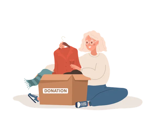 Elderly woman putting old used clothes ready to be shared or recycled to cardboard box  Illustration