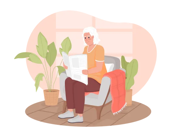 Elderly woman reading newspaper in armchair Illustration