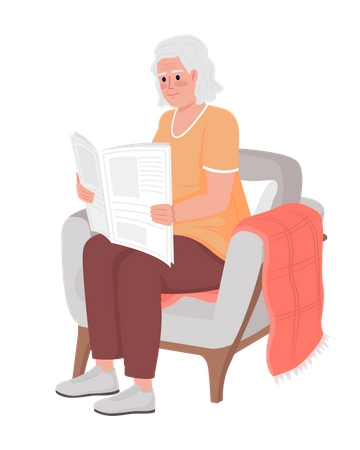 Elderly woman reading newspaper in armchair  Illustration