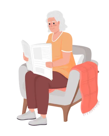 Elderly woman reading newspaper in armchair  Illustration