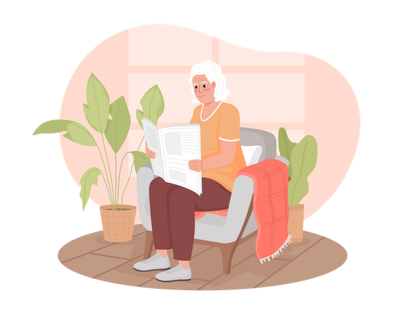 Elderly woman reading newspaper in armchair  Illustration