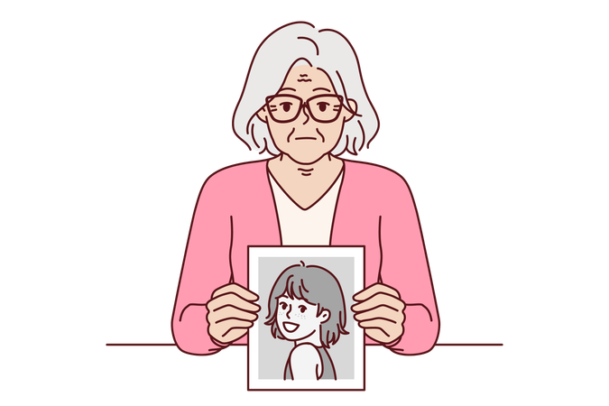 Elderly woman remembers youth showing portrait from past and looks at screen with slight sadness  Illustration