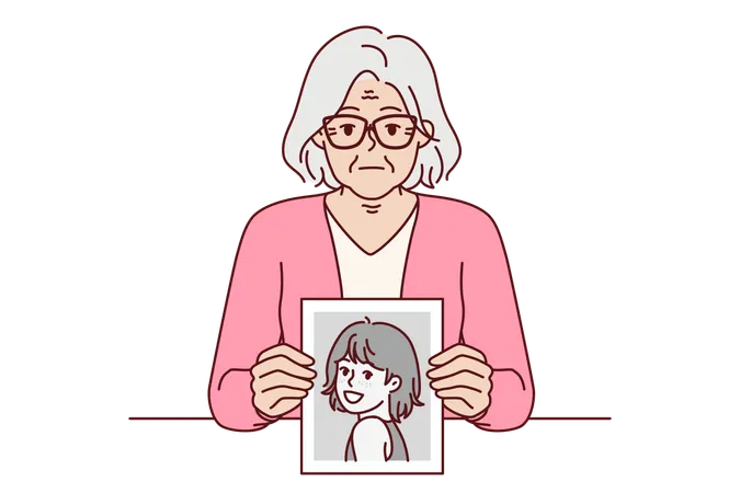 Elderly Woman Remembers Youth Showing Portrait From Past And Looks At Screen With Slight Sadness Elderly Lady With Gray Hair Shows Photo Of Herself From Childhood Wishing She Could Turn Back Time 일러스트레이션
