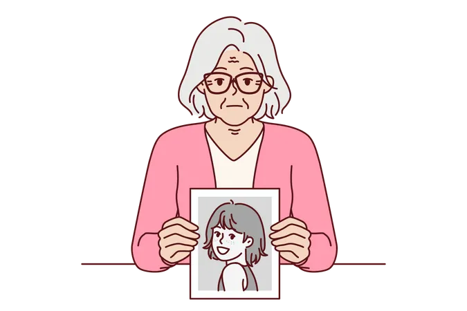 Elderly woman remembers youth showing portrait from past and looks at screen with slight sadness  Illustration