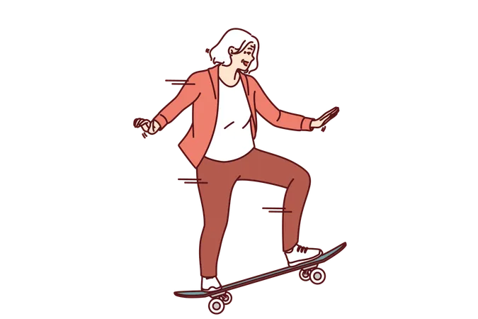 Elderly Woman Rides Skateboard Enjoying Free Time And Being Active In Old Age After Retirement Happy Grey Haired Female Rides Skateboard Has Extreme Sports Hobby In Old Age And Wants To Stay Young Illustration