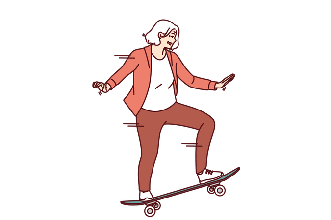 Elderly woman rides on skateboard  Illustration