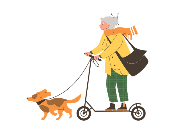 Elderly woman riding electric scooter with dog on leash  Illustration