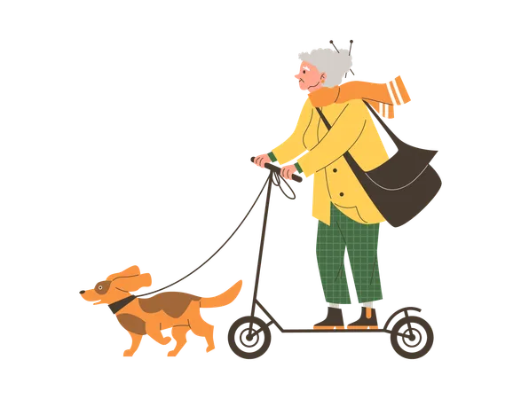 Elderly woman riding electric scooter with dog on leash  Illustration