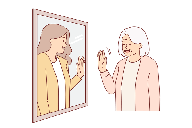 Elderly woman sees past in reflection of mirror and waves hand receiving positive emotions  Illustration