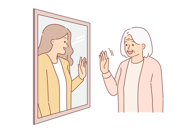 Elderly Woman Sees Herself From Past In Reflection Of Mirror And Waves Hand Receiving Positive Emotions From Nostalgia Granny With Gray Hair Goes Back To Past Enjoying Memories Of Youth Illustration
