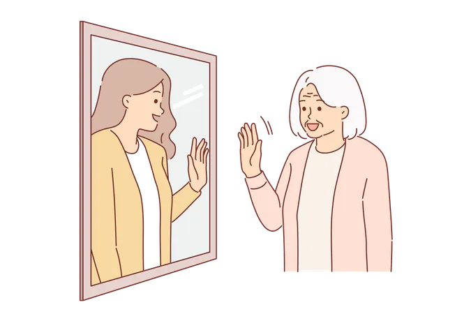 Elderly woman sees past in reflection of mirror and waves hand receiving positive emotions  Illustration