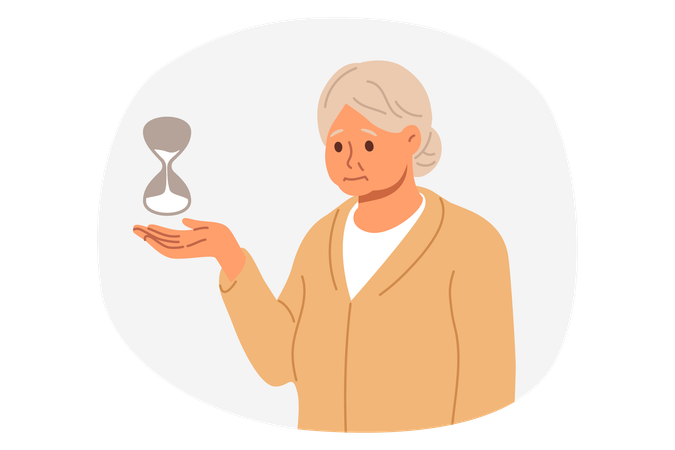 Elderly woman senses approaching death stands with hourglass and needs help from senile depression  Illustration