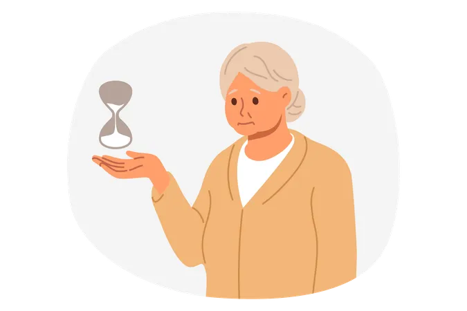 Elderly Woman Senses Approaching Death Stands With Hourglass And Needs Help From Senile Depression Elderly Woman With Gray Hair Help Of Children And Grandchildren To Overcome Life Problems Illustration