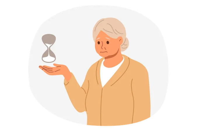 Elderly woman senses approaching death stands with hourglass and needs help from senile depression  Illustration